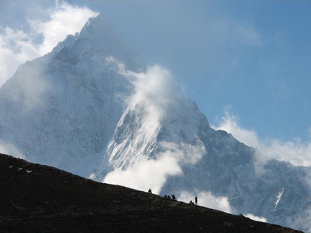 Nepal - Sagamartha Trek - 164 - Silhouetted group leaving Dzongla