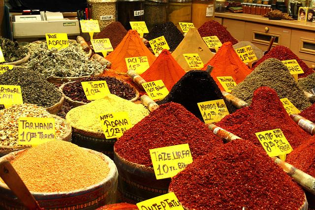 Mounds and heaps of spices in the Spice Market, Istanbul, Turkey