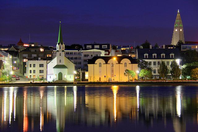 August midnight in downtown Reykjavik, Iceland
